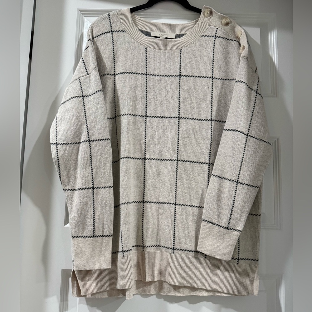 LOFT Cream and Black Grid Sweater